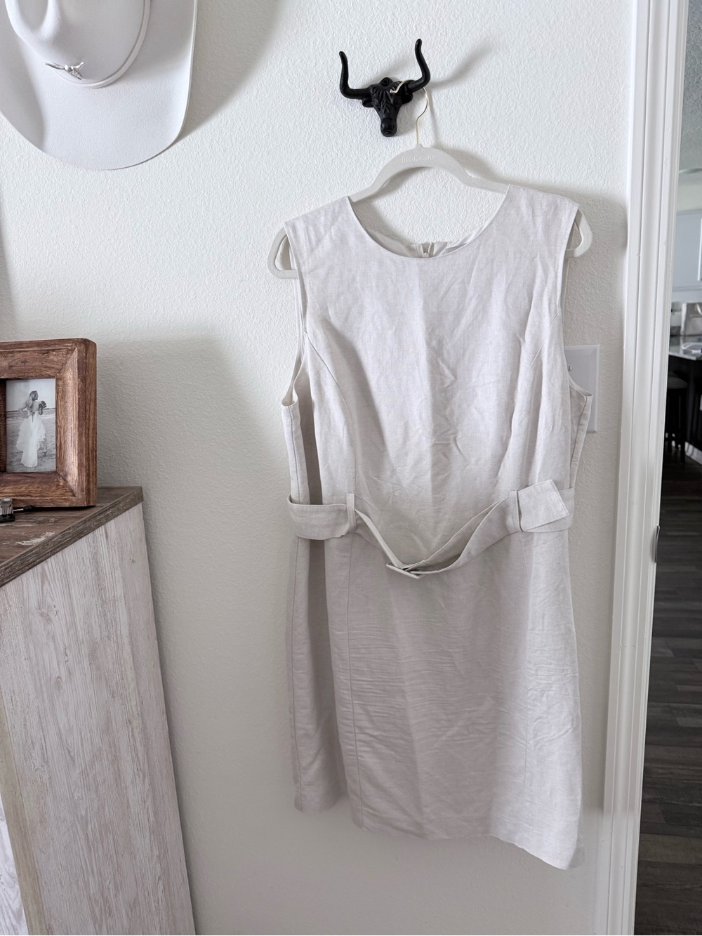 H&M Sleeveless Cream Midi Shift Dress with Self-Belt
